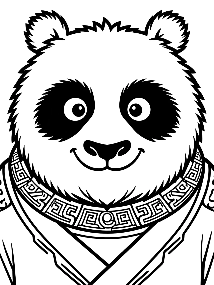 A close-up of Kung Fu Panda's face in bold lines with expressive eyes and detailed costume elements.