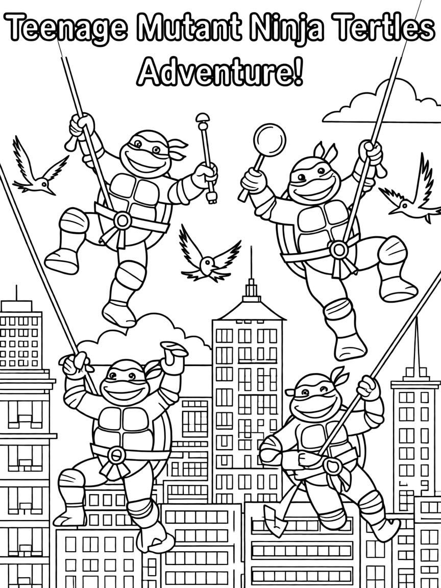 A fun and detailed coloring page of Teenage Mutant Ninja Turtles swinging through a city full of tall buildings and birds.