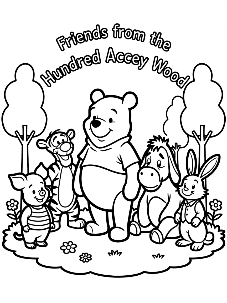 A group coloring page featuring Winnie the Pooh with other characters from the same show or movie.