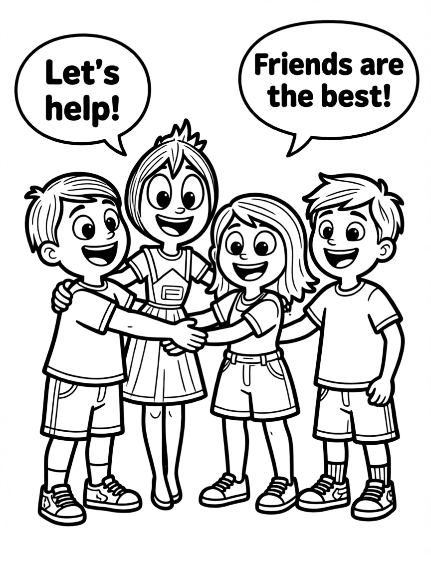 A cartoon-style drawing of Inside Out helping friends, with speech bubbles and cheerful faces.