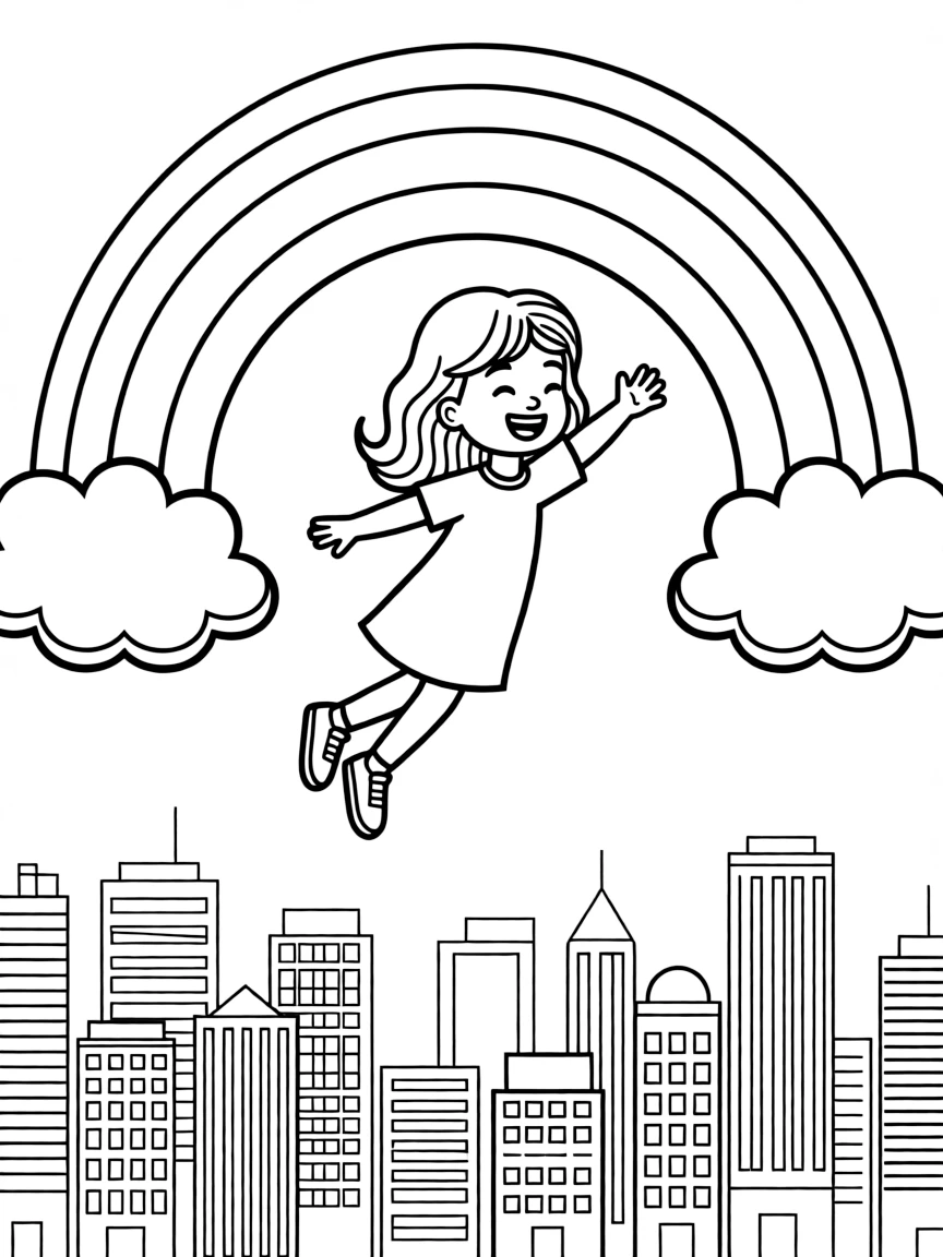 Anna flying through the clouds with a rainbow behind and city skyline below.