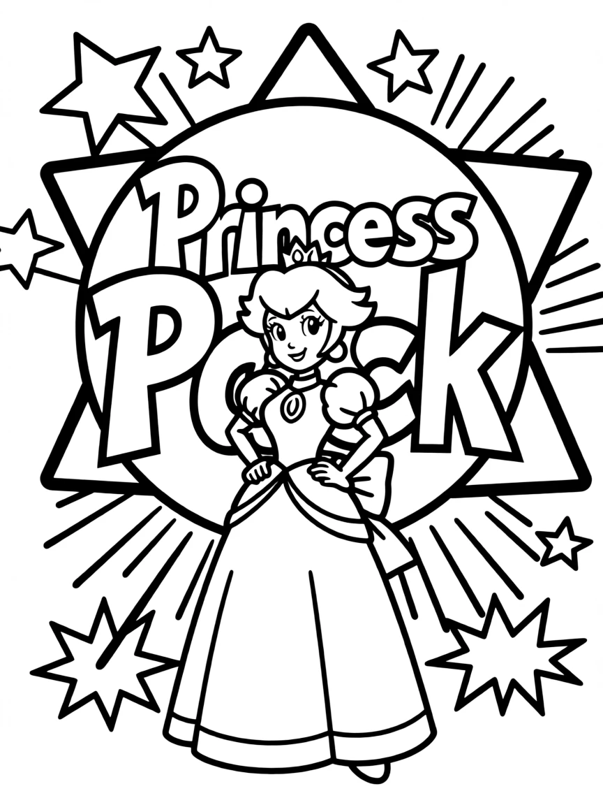Princess Peach standing proudly in front of their iconic logo with stars and comic-style effects around.