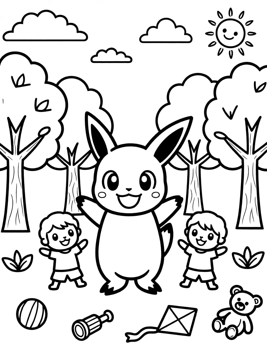 Jigglypuff smiling and posing with their sidekicks, surrounded by trees, toys, or fun backgrounds.