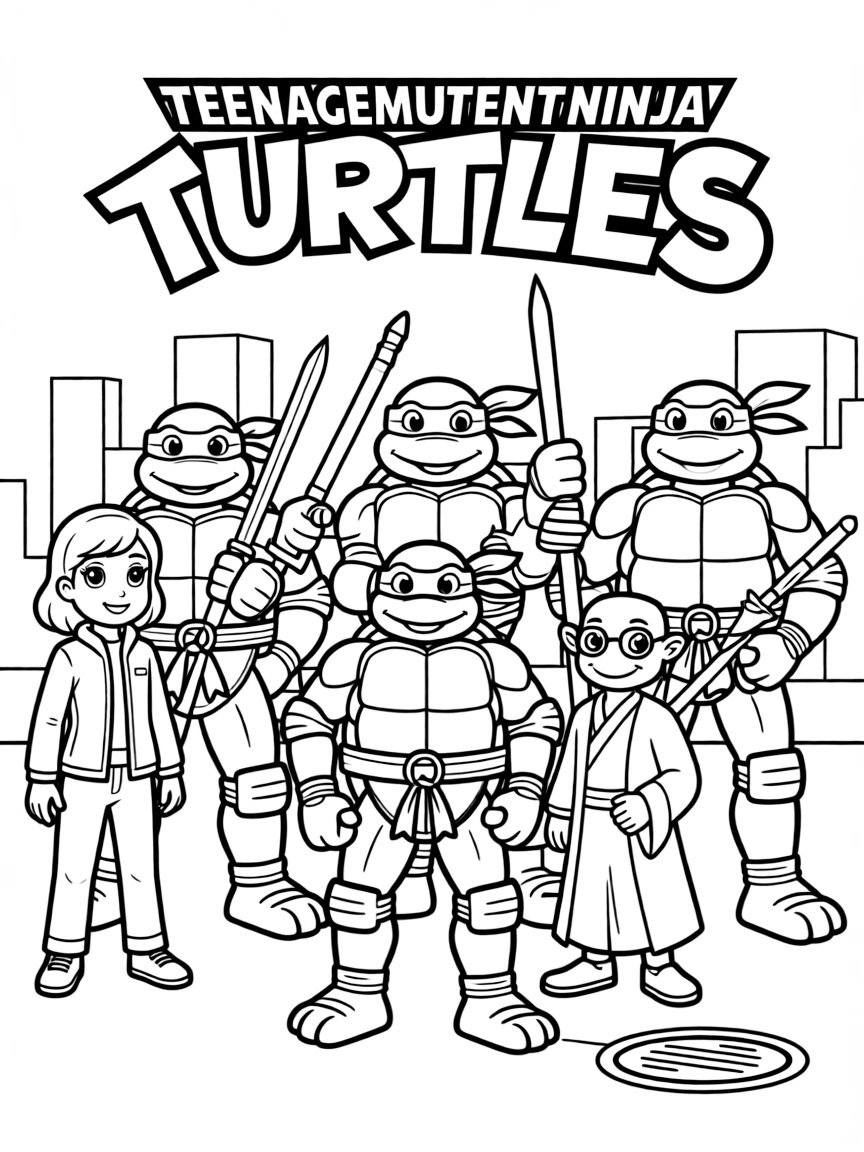 A group coloring page featuring Teenage Mutant Ninja Turtles with other characters from the same show or movie.