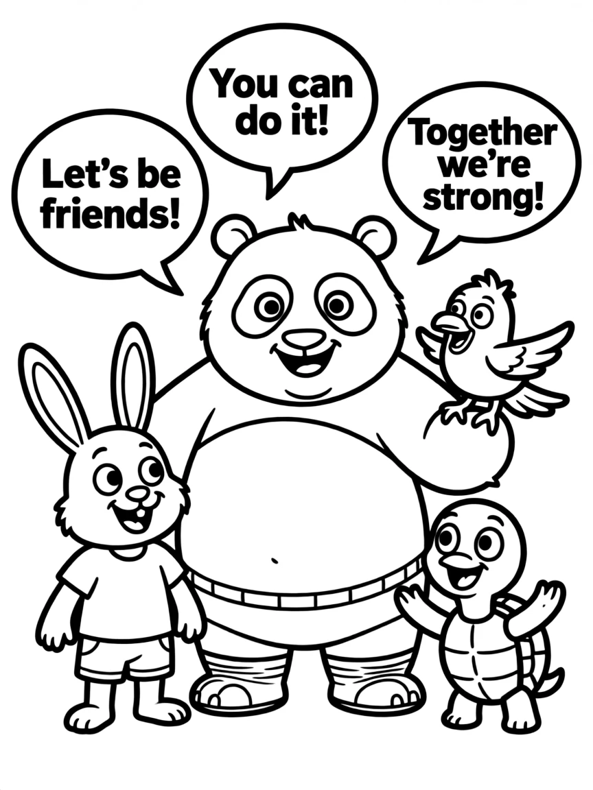 A cartoon-style drawing of Kung Fu Panda helping friends, with speech bubbles and cheerful faces.