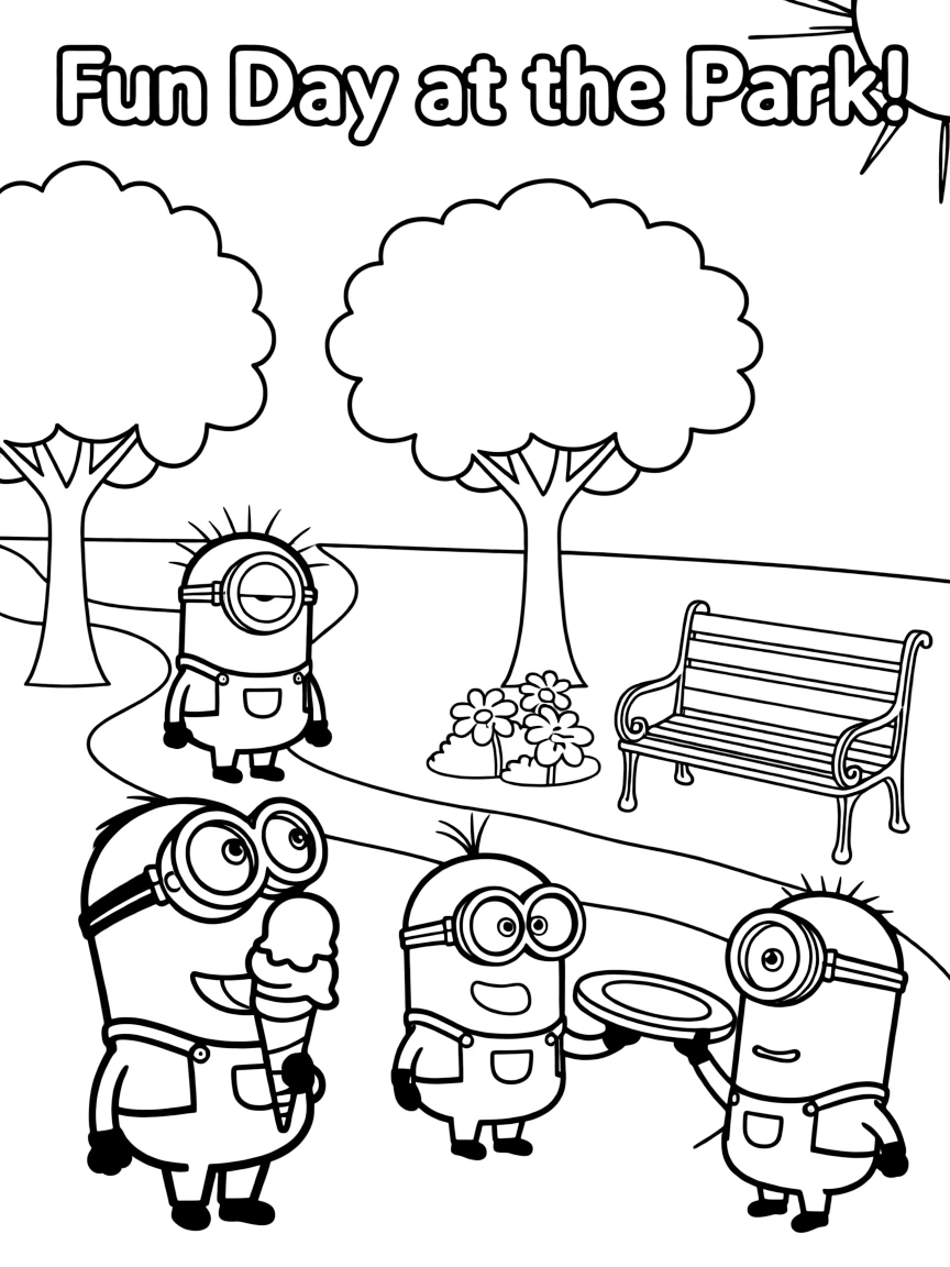 Minions enjoying a day off, eating ice cream or playing with friends in a park setting.