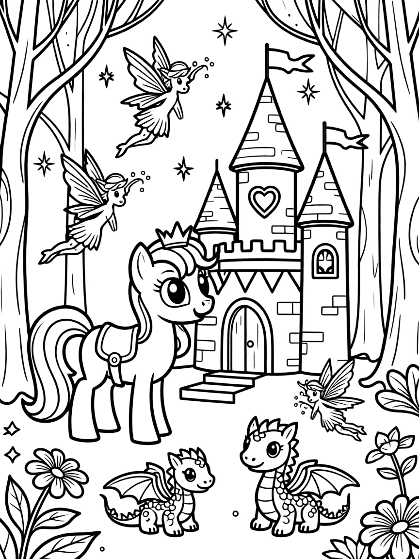 A fantasy background of My Little Pony in a magical forest or castle, with sparkles and mystical creatures.
