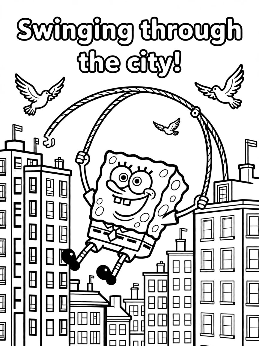 A fun and detailed coloring page of SpongeBob SquarePants swinging through a city full of tall buildings and birds.