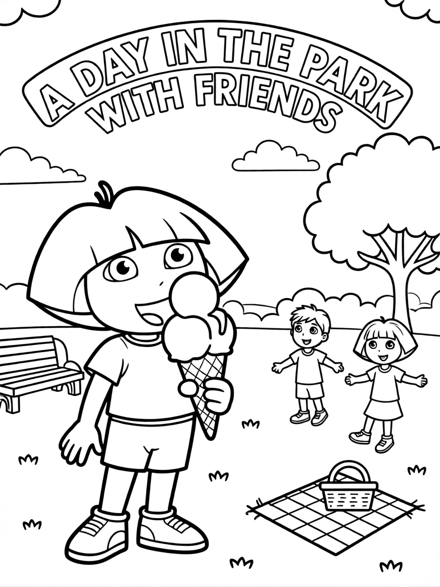 Dora the Explorer enjoying a day off, eating ice cream or playing with friends in a park setting.