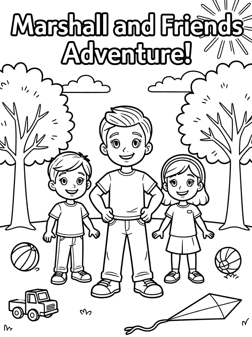 Marshall smiling and posing with their sidekicks, surrounded by trees, toys, or fun backgrounds.