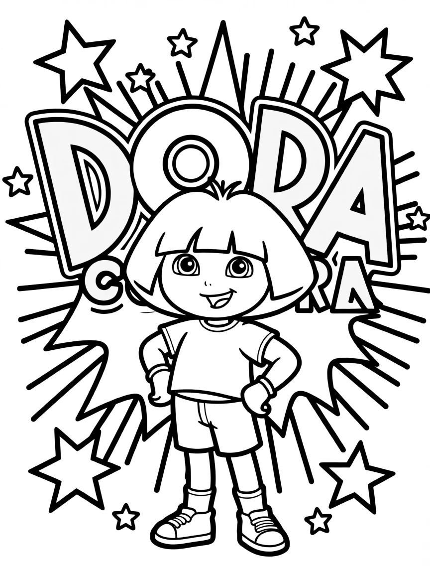 Dora the Explorer standing proudly in front of their iconic logo with stars and comic-style effects around.