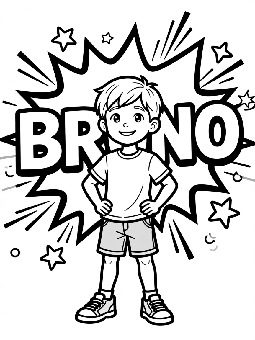 Bruno standing proudly in front of their iconic logo with stars and comic-style effects around.