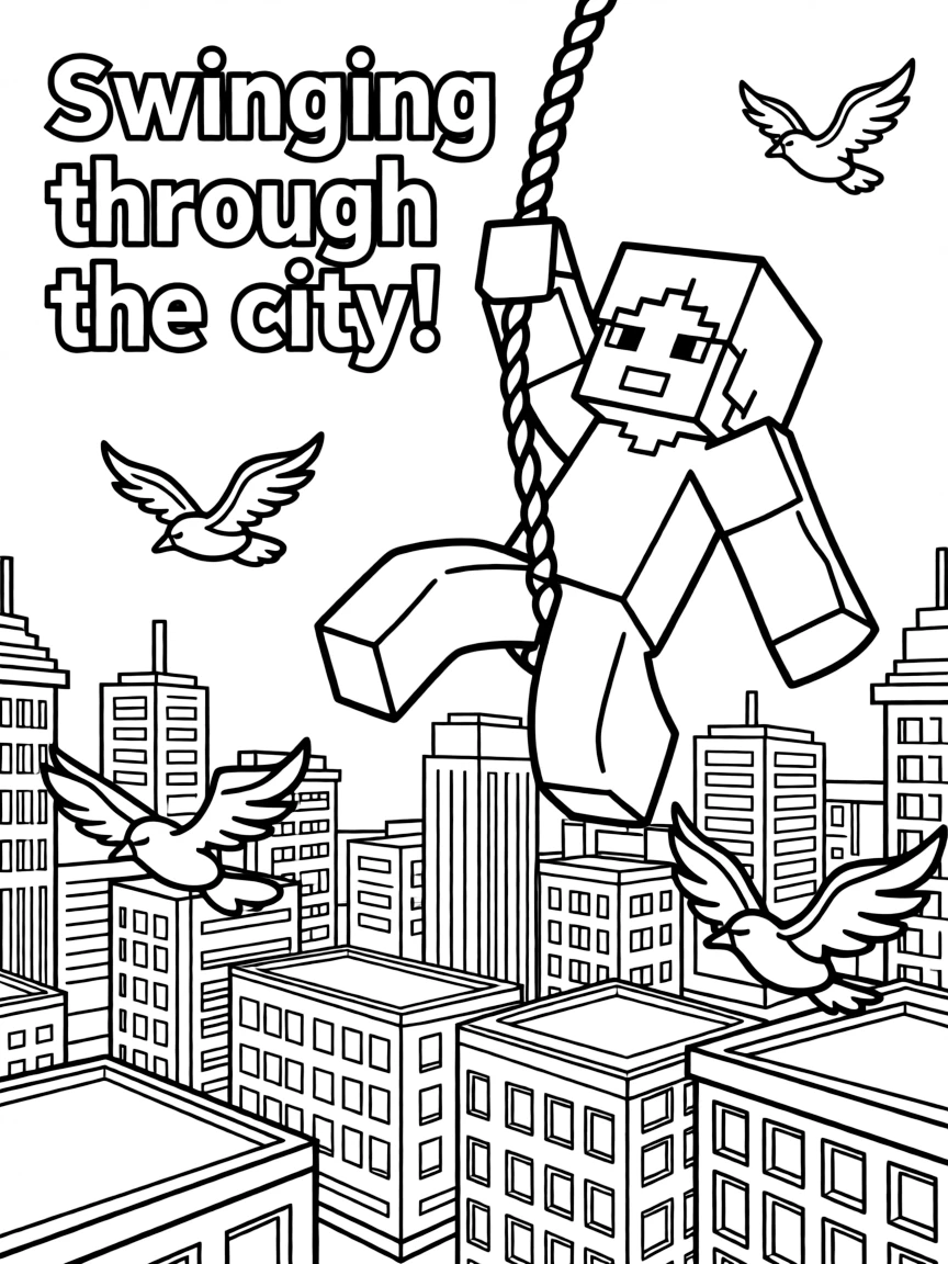 A fun and detailed coloring page of Minecraft swinging through a city full of tall buildings and birds.