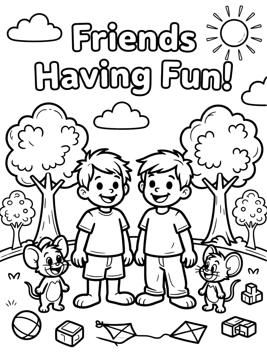 Tom and Jerry smiling and posing with their sidekicks, surrounded by trees, toys, or fun backgrounds.