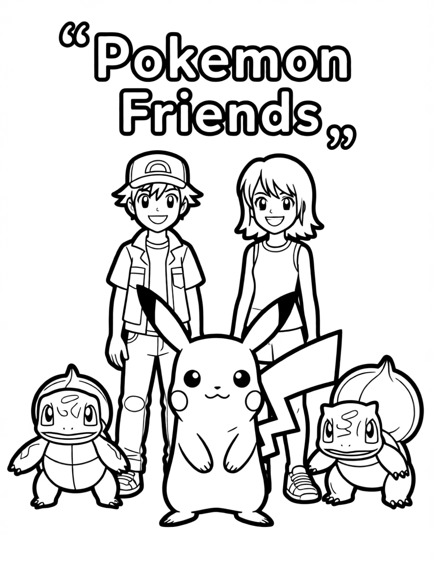 A group coloring page featuring Pikachu with other characters from the same show or movie.