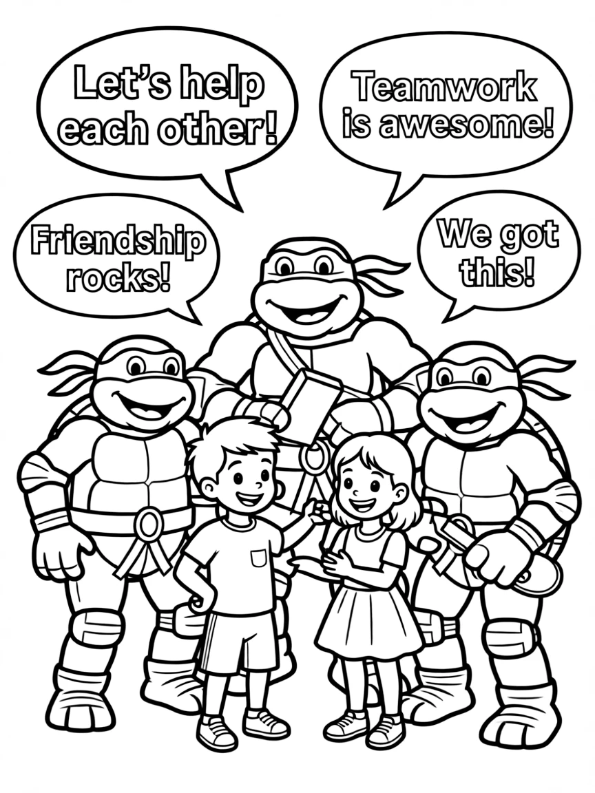 A cartoon-style drawing of Teenage Mutant Ninja Turtles helping friends, with speech bubbles and cheerful faces.