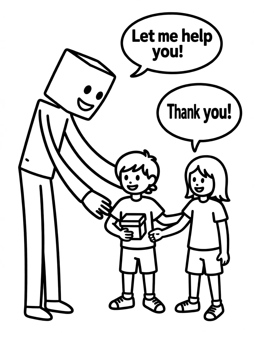 A cartoon-style drawing of Enderman helping friends, with speech bubbles and cheerful faces.