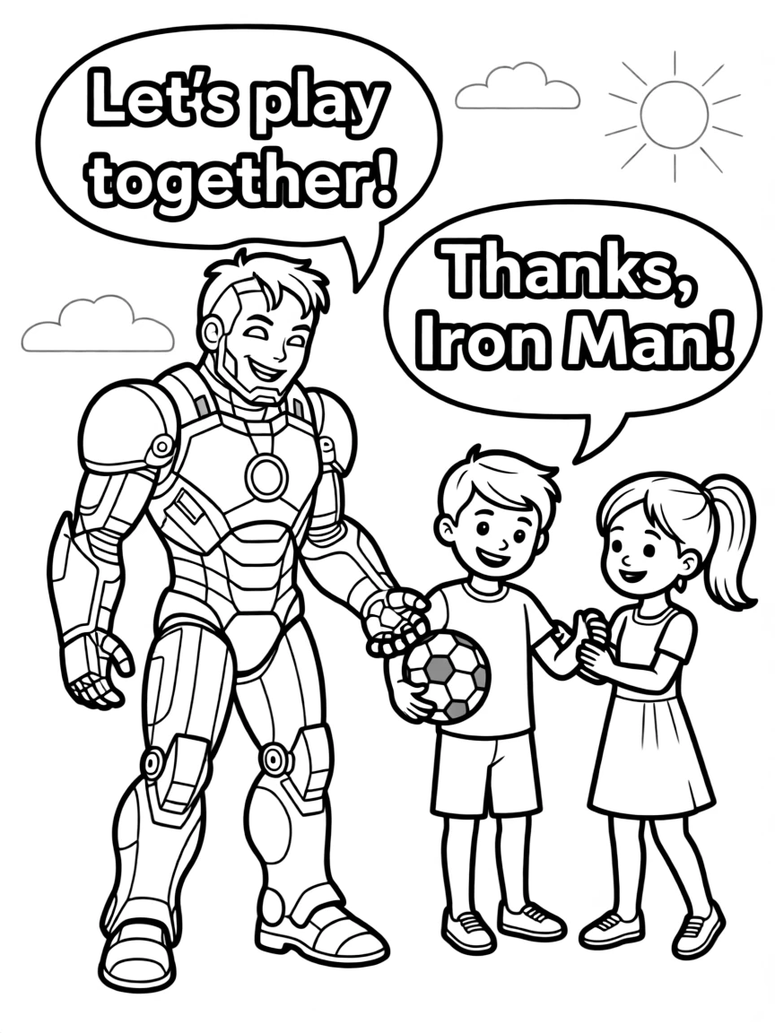 A cartoon-style drawing of Iron Man helping friends, with speech bubbles and cheerful faces.