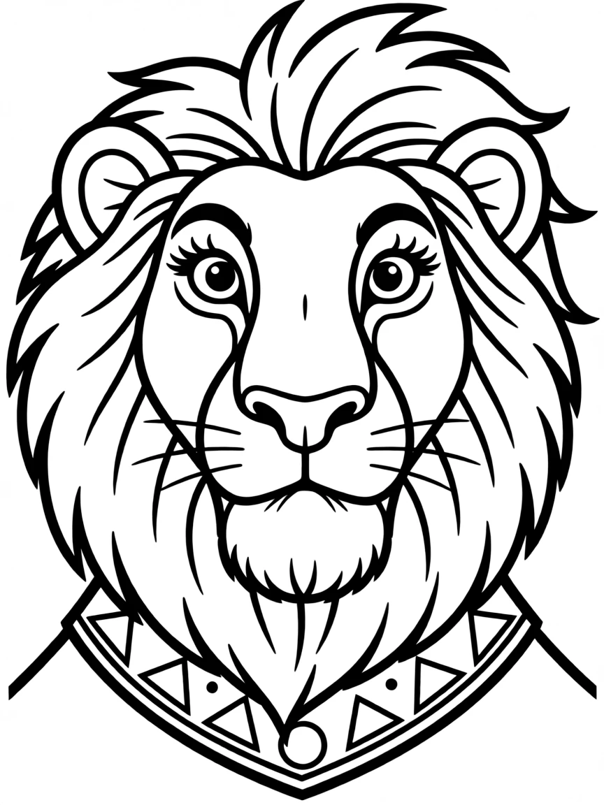 A close-up of The Lion King's face in bold lines with expressive eyes and detailed costume elements.