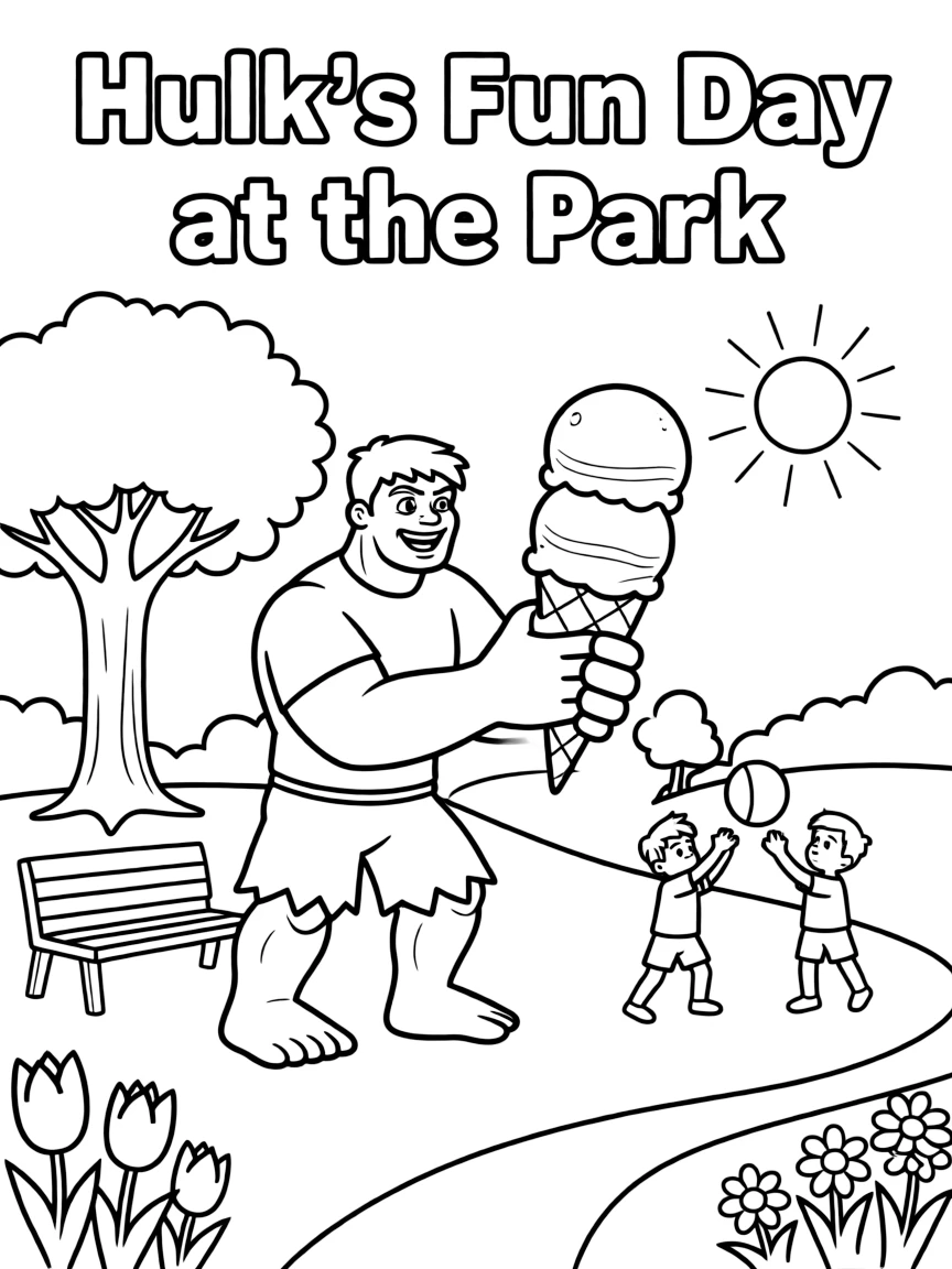 Hulk enjoying a day off, eating ice cream or playing with friends in a park setting.