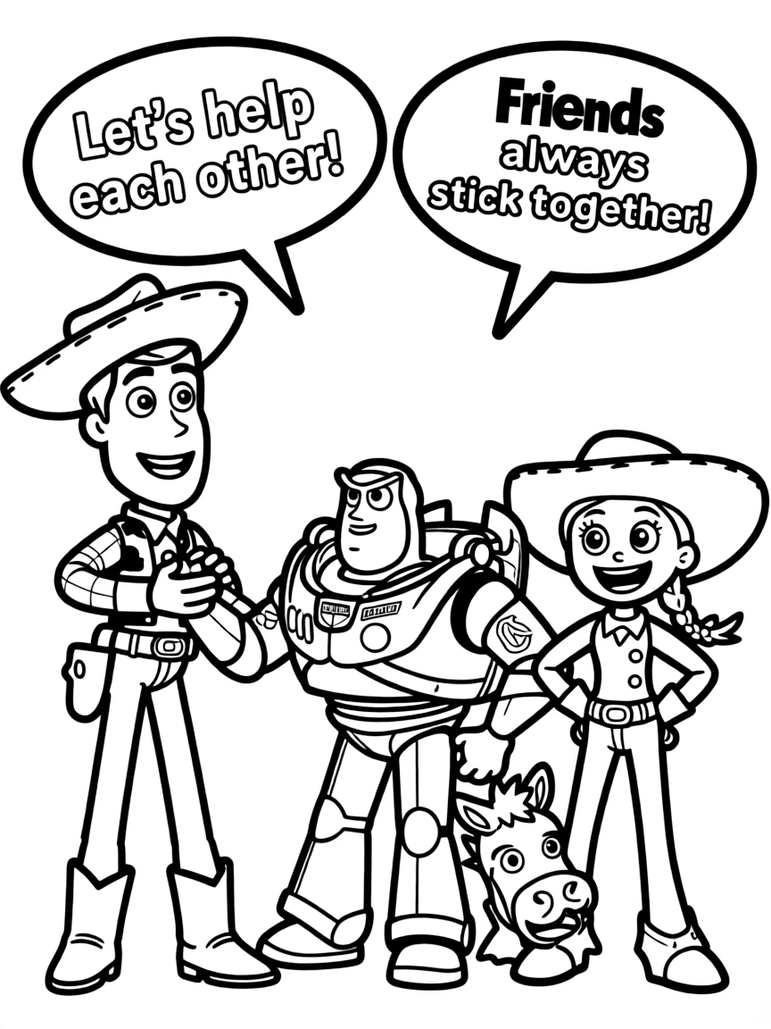 A cartoon-style drawing of Toy Story helping friends, with speech bubbles and cheerful faces.