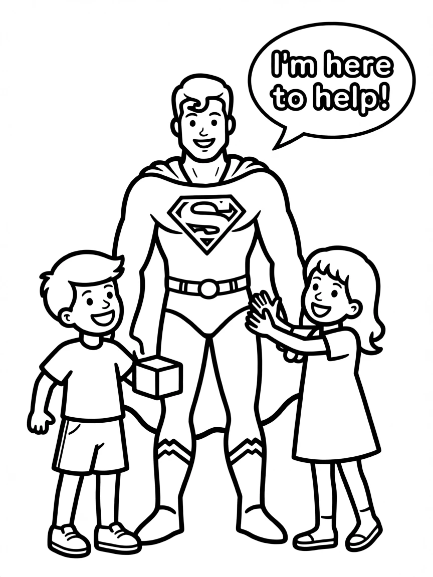 A cartoon-style drawing of Superman helping friends, with speech bubbles and cheerful faces.