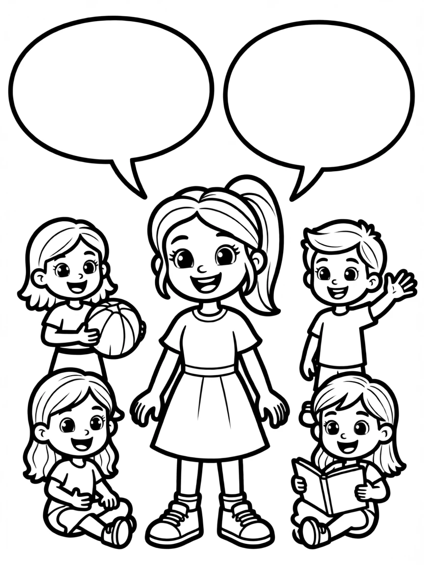 A cartoon-style drawing of Jasmine helping friends, with speech bubbles and cheerful faces.