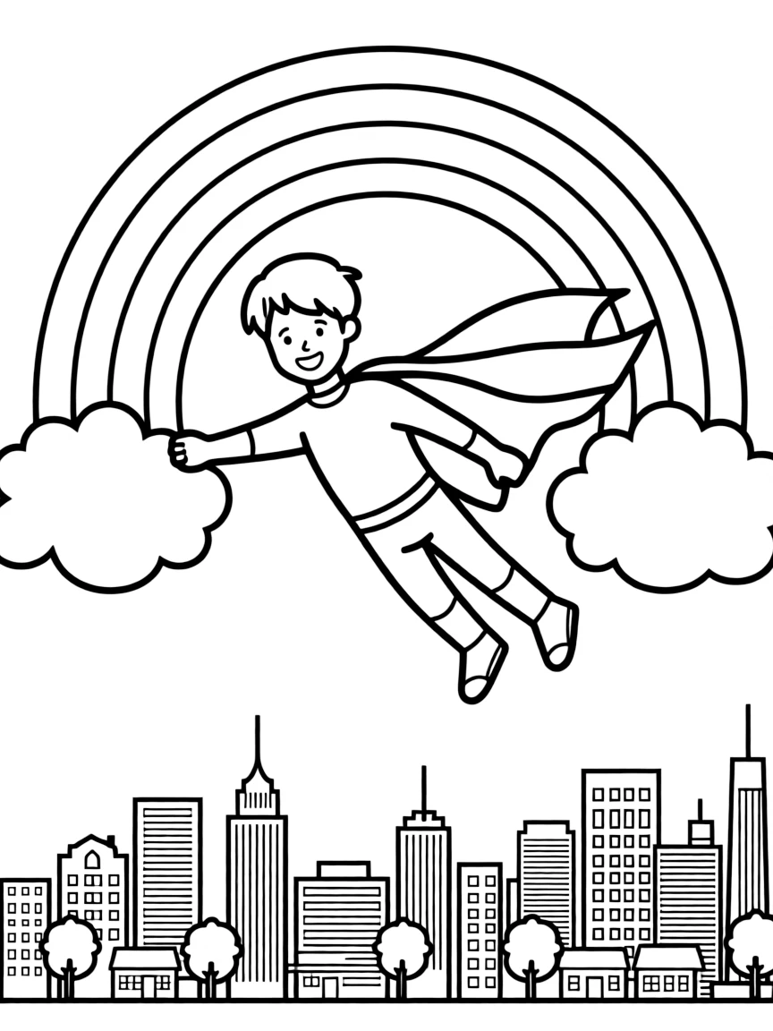 Big Hero 6 flying through the clouds with a rainbow behind and city skyline below.