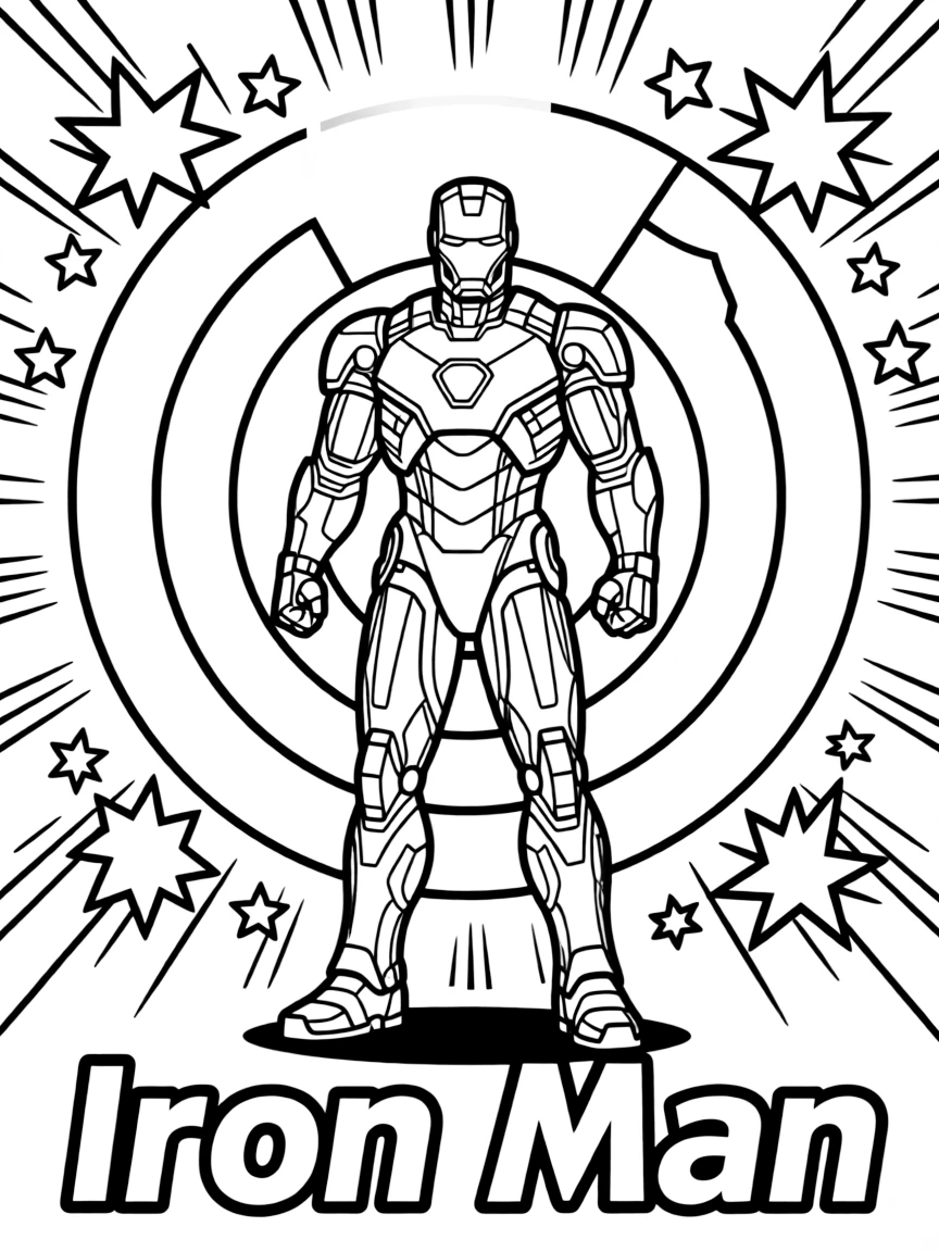 Iron Man standing proudly in front of their iconic logo with stars and comic-style effects around.