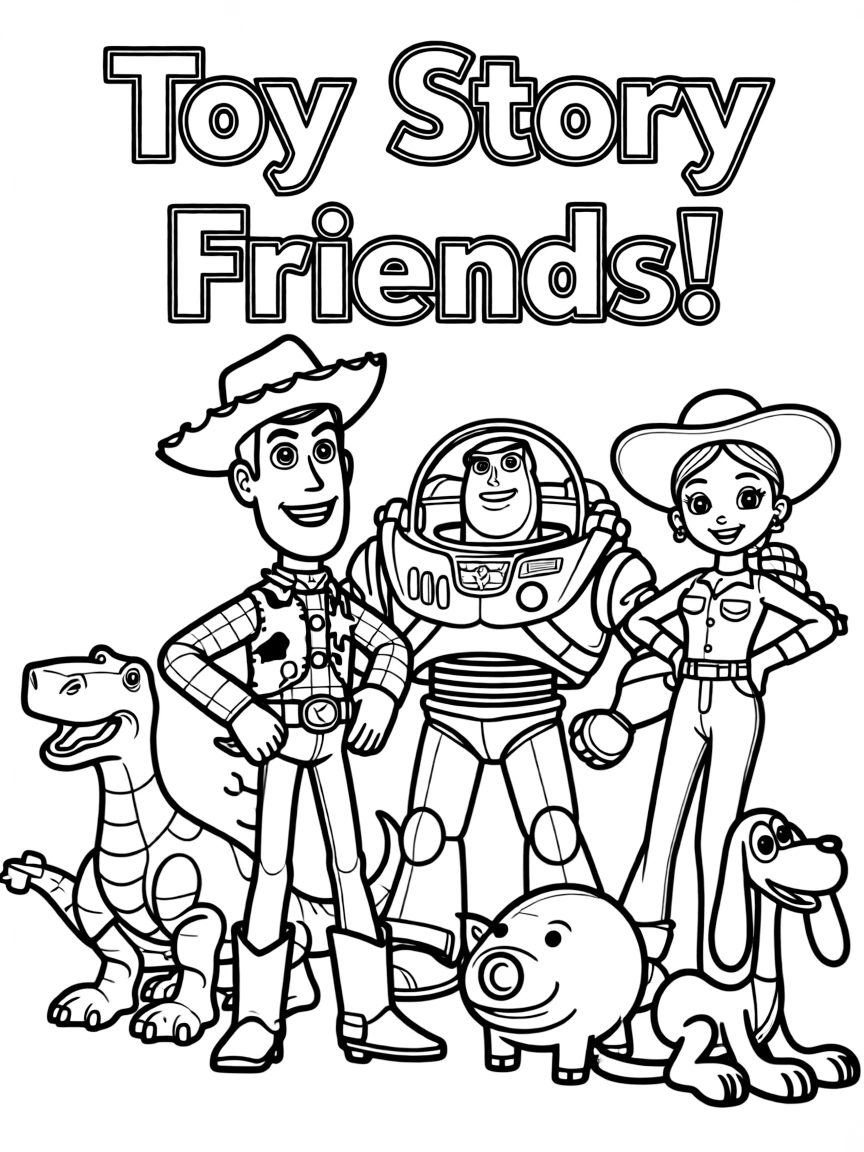 A group coloring page featuring Toy Story with other characters from the same show or movie.