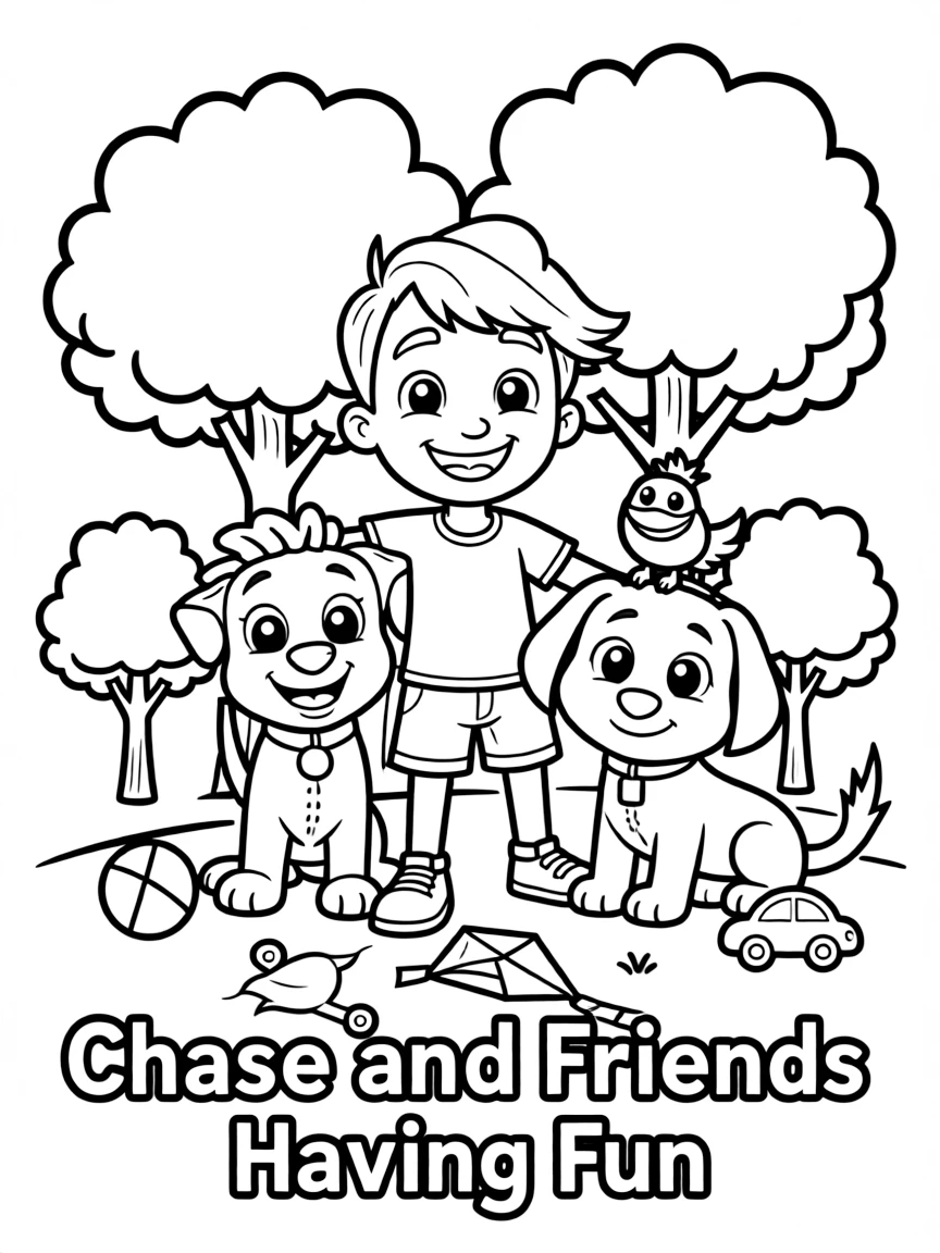 Chase smiling and posing with their sidekicks, surrounded by trees, toys, or fun backgrounds.