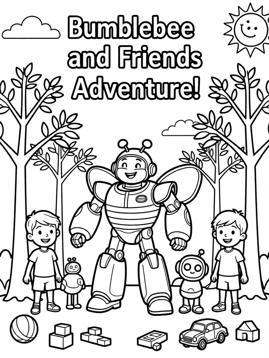 Bumblebee smiling and posing with their sidekicks, surrounded by trees, toys, or fun backgrounds.