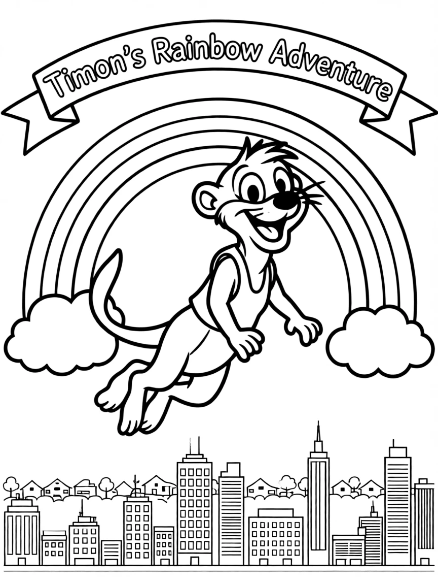 Timon flying through the clouds with a rainbow behind and city skyline below.