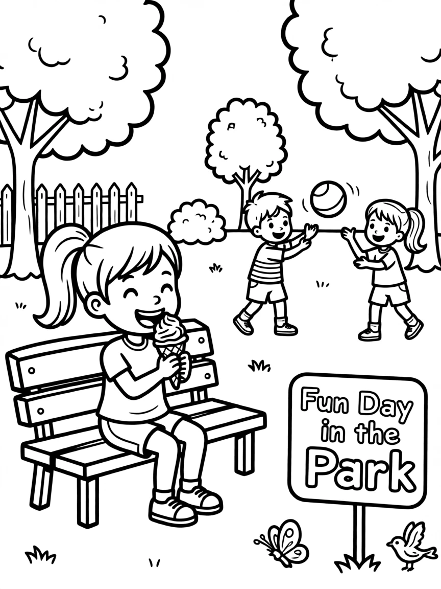 Luisa enjoying a day off, eating ice cream or playing with friends in a park setting.