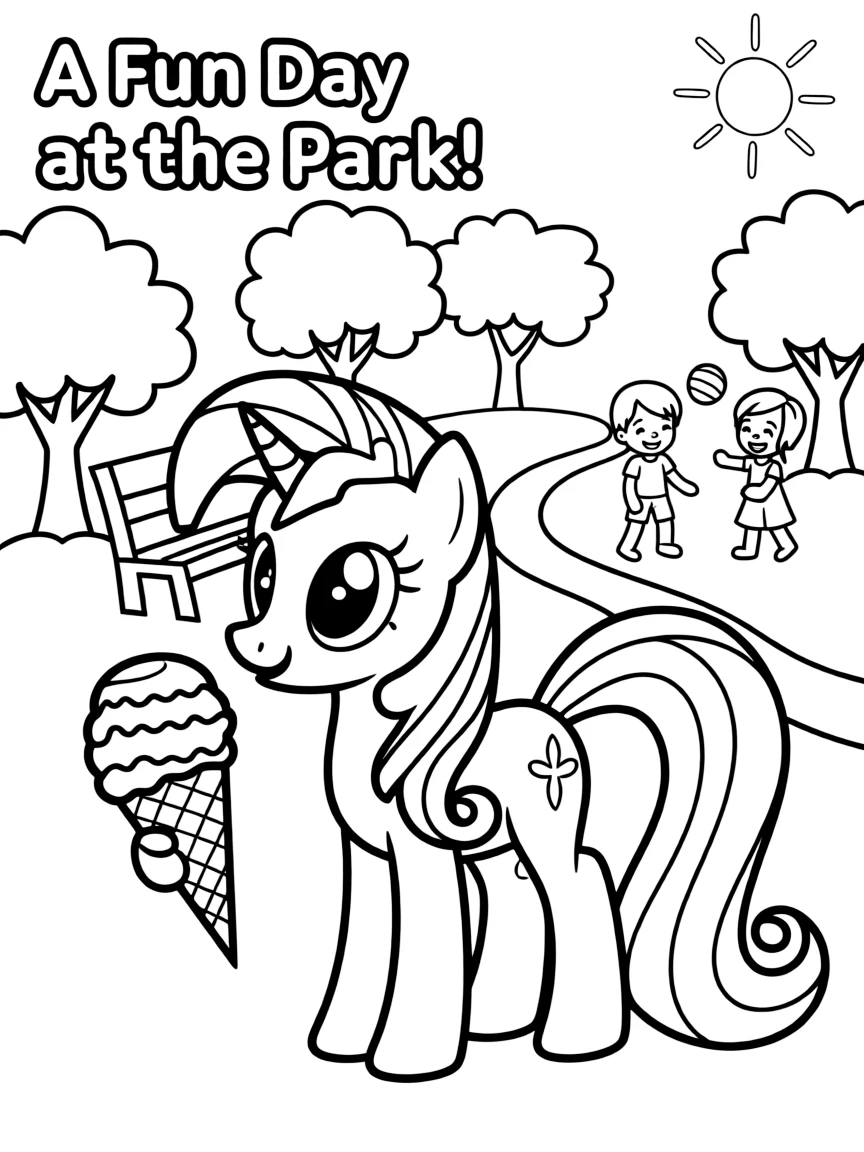 Twilight Sparkle enjoying a day off, eating ice cream or playing with friends in a park setting.