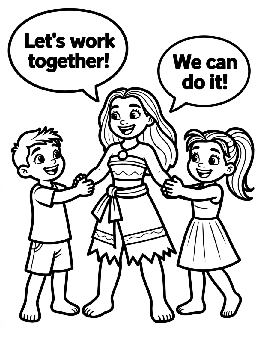 A cartoon-style drawing of Moana helping friends, with speech bubbles and cheerful faces.