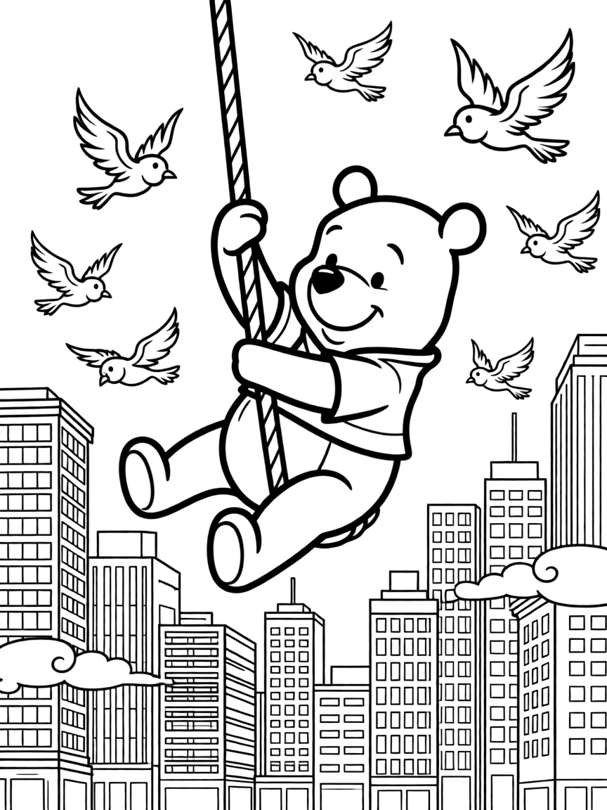 A fun and detailed coloring page of Winnie the Pooh swinging through a city full of tall buildings and birds.