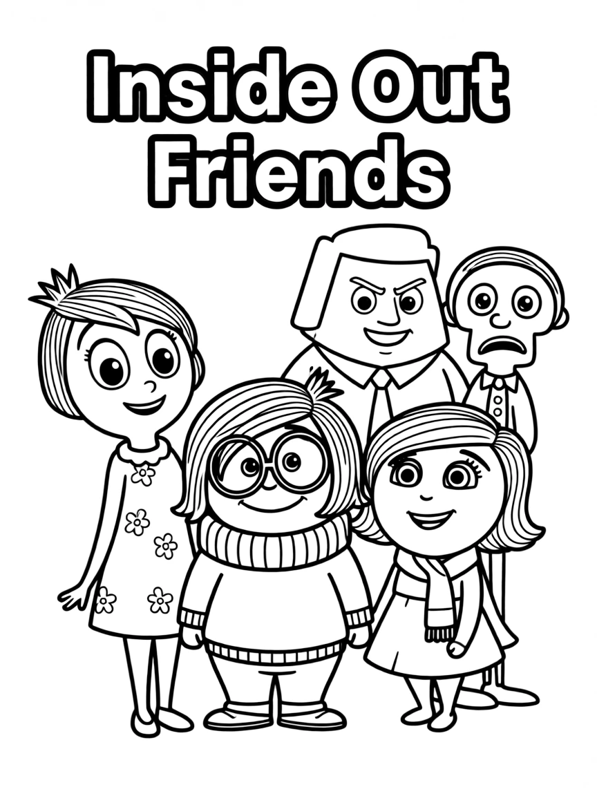A group coloring page featuring Sadness with other characters from the same show or movie.