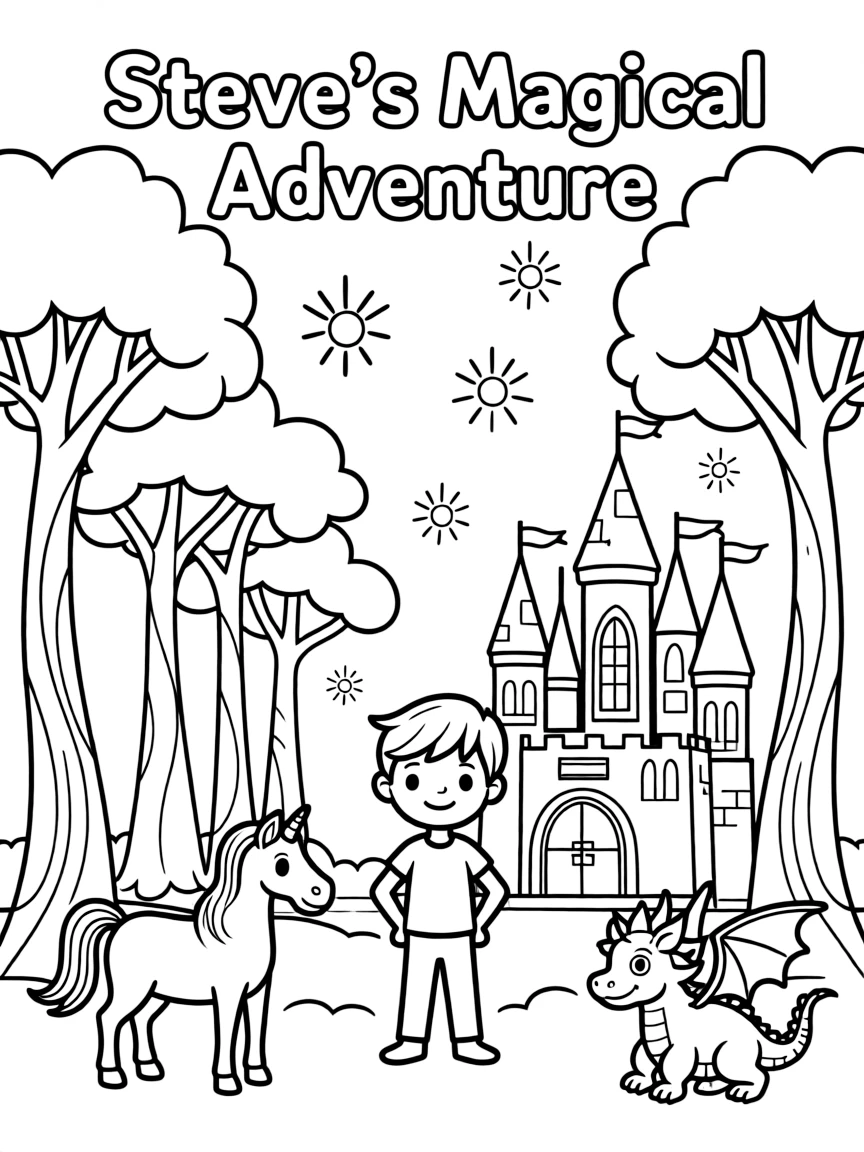 A fantasy background of Steve in a magical forest or castle, with sparkles and mystical creatures.