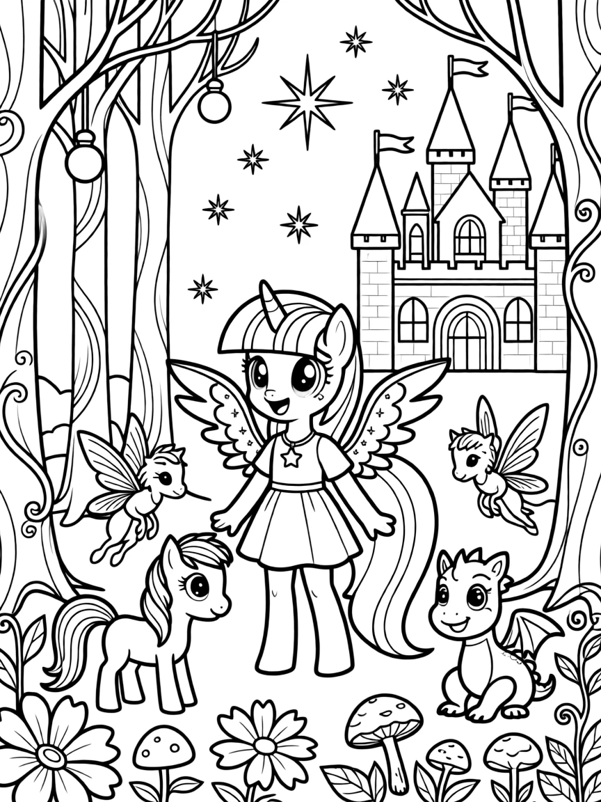A fantasy background of Twilight Sparkle in a magical forest or castle, with sparkles and mystical creatures.