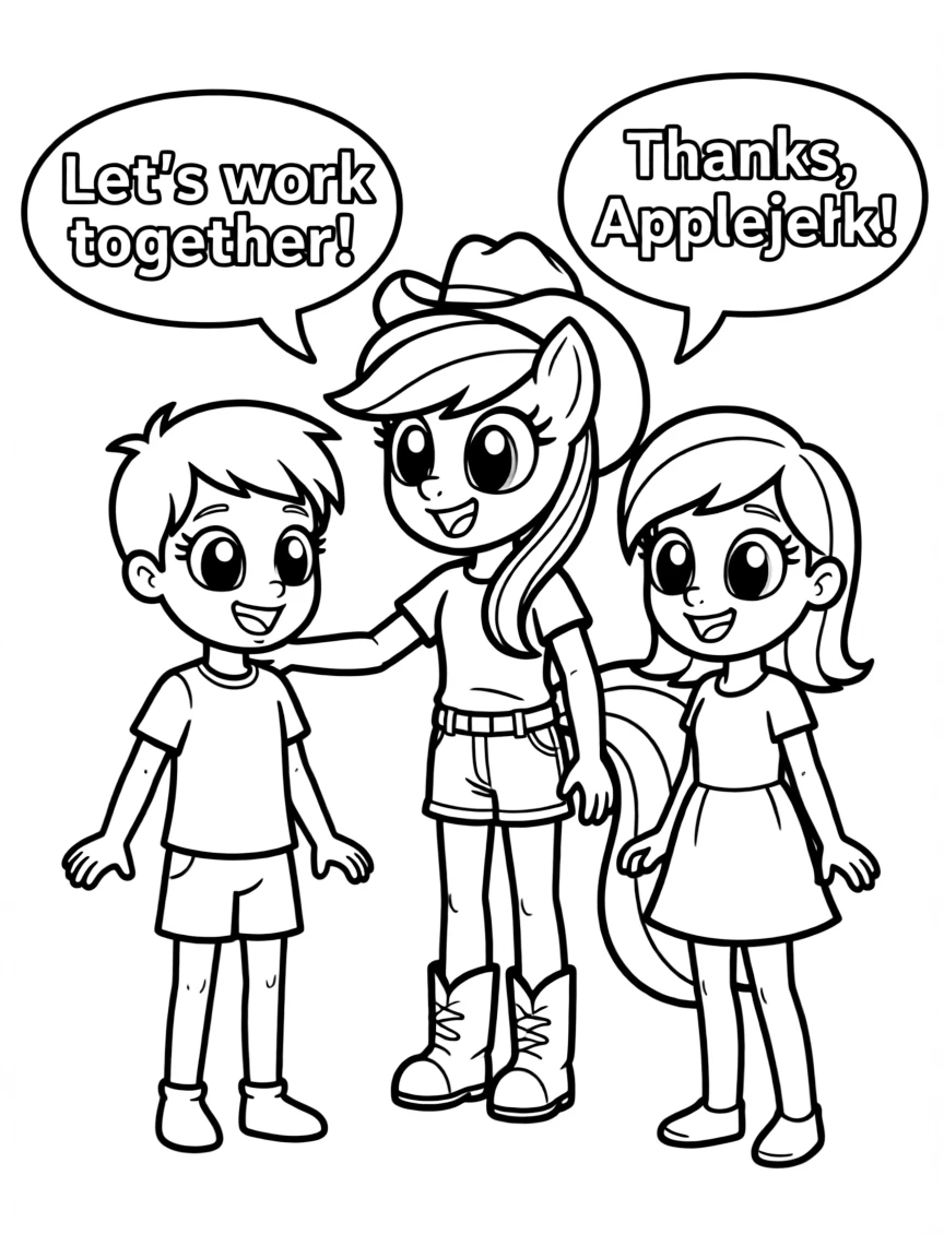 A cartoon-style drawing of Applejack helping friends, with speech bubbles and cheerful faces.