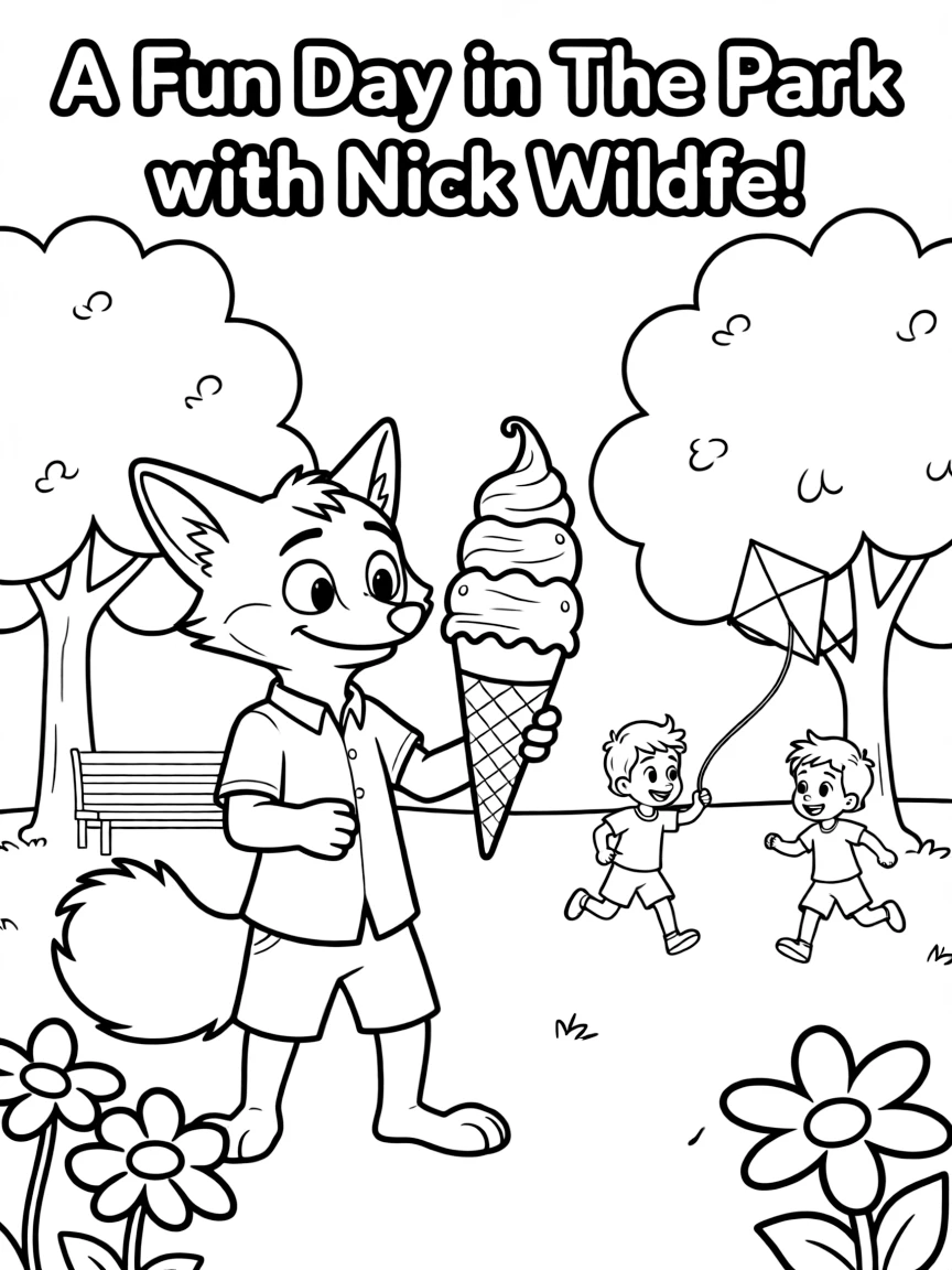 Nick Wilde enjoying a day off, eating ice cream or playing with friends in a park setting.