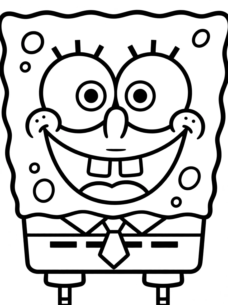 A close-up of SpongeBob SquarePants's face in bold lines with expressive eyes and detailed costume elements.