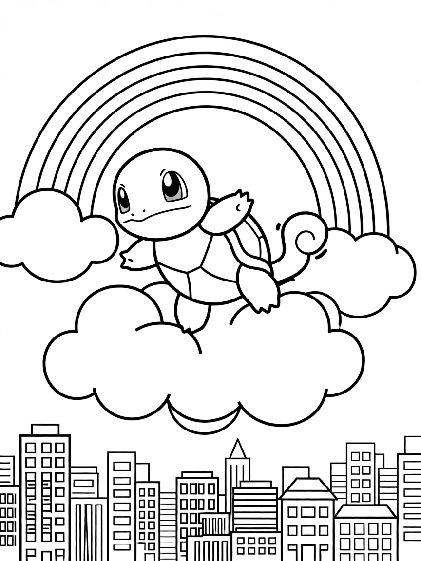 Squirtle flying through the clouds with a rainbow behind and city skyline below.