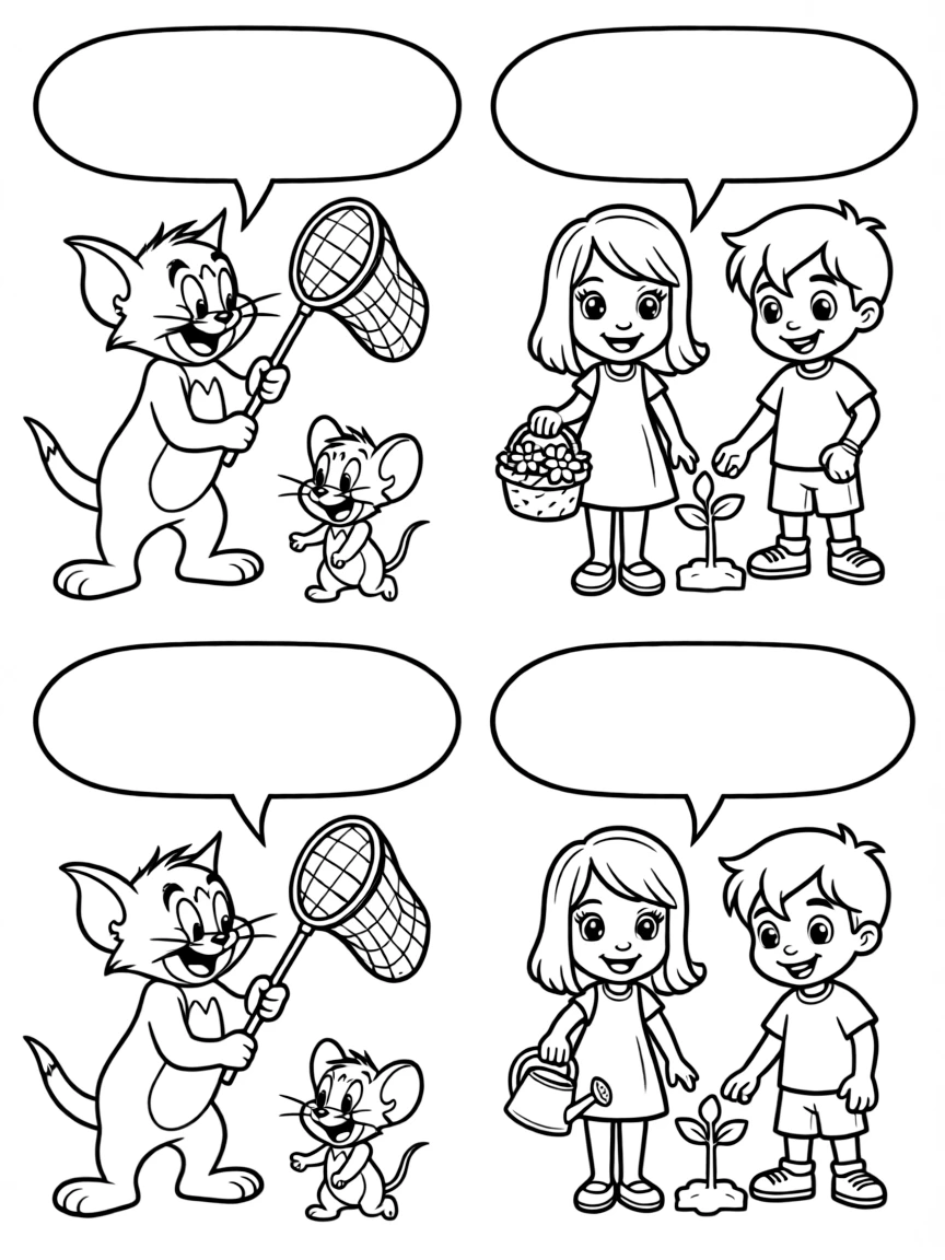 A cartoon-style drawing of Tom and Jerry helping friends, with speech bubbles and cheerful faces.