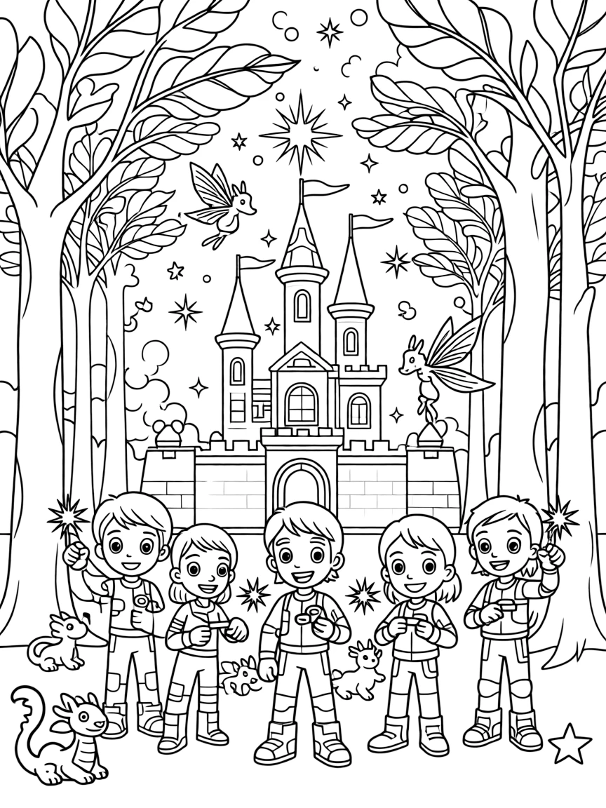 A fantasy background of Big Hero 6 in a magical forest or castle, with sparkles and mystical creatures.