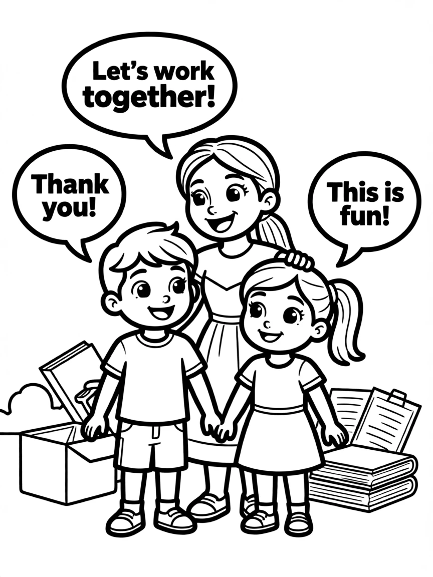 A cartoon-style drawing of Encanto helping friends, with speech bubbles and cheerful faces.
