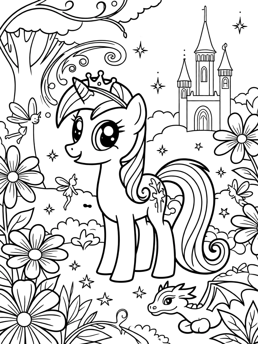 A fantasy background of Twilight Sparkle in a magical forest or castle, with sparkles and mystical creatures.