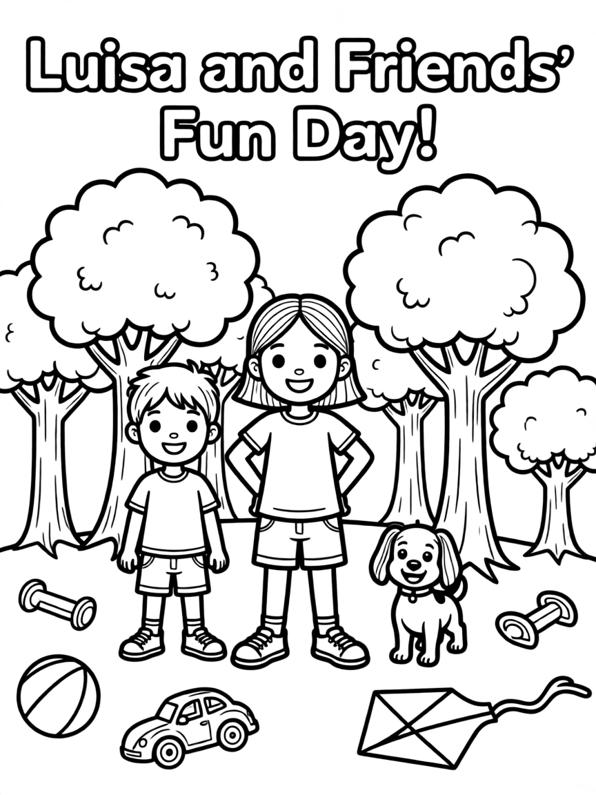 Luisa smiling and posing with their sidekicks, surrounded by trees, toys, or fun backgrounds.