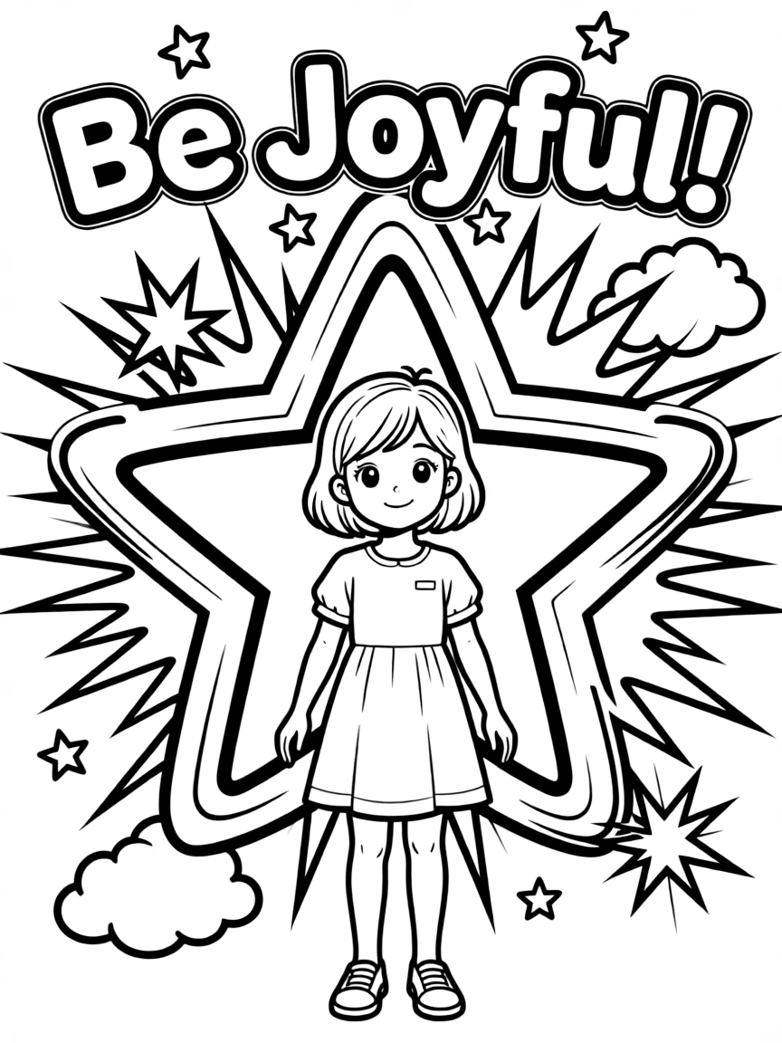 Joy standing proudly in front of their iconic logo with stars and comic-style effects around.